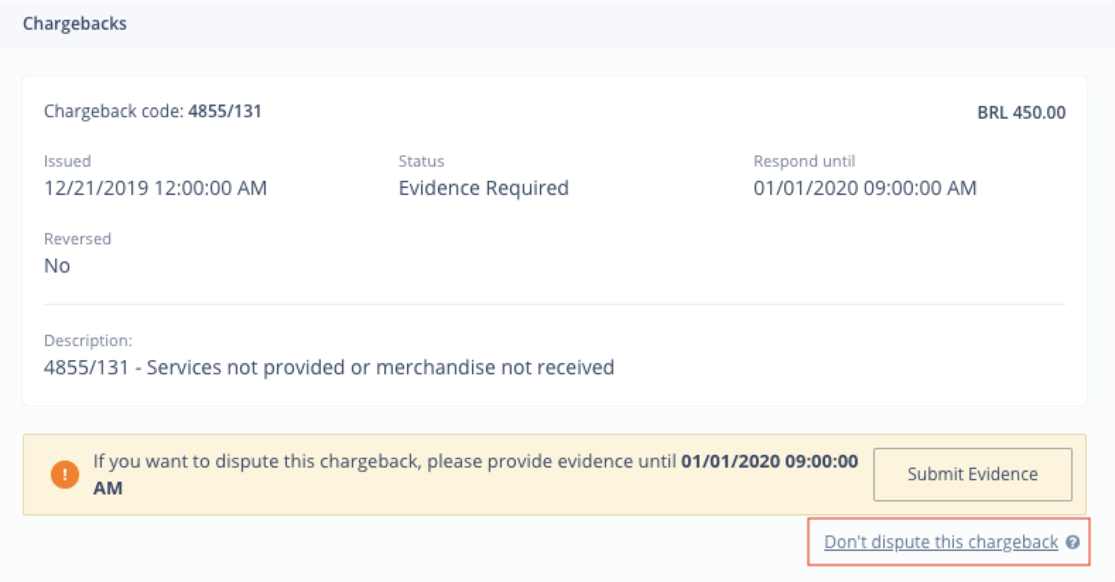 Chargeback Submit Evidence